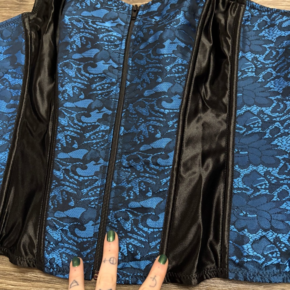 Y2K Vintage Floral Lace Renaissance Corset Bustier (Blue/Black) Size 2X/3X - Picture 3 of 7